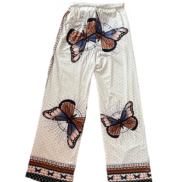 WHITE/ORANGE/PURPLE WIDE LEG BUTTERFLY PRINT PALAZZO SUMMER PANT WITH POCKETS - Picture 6 of 8